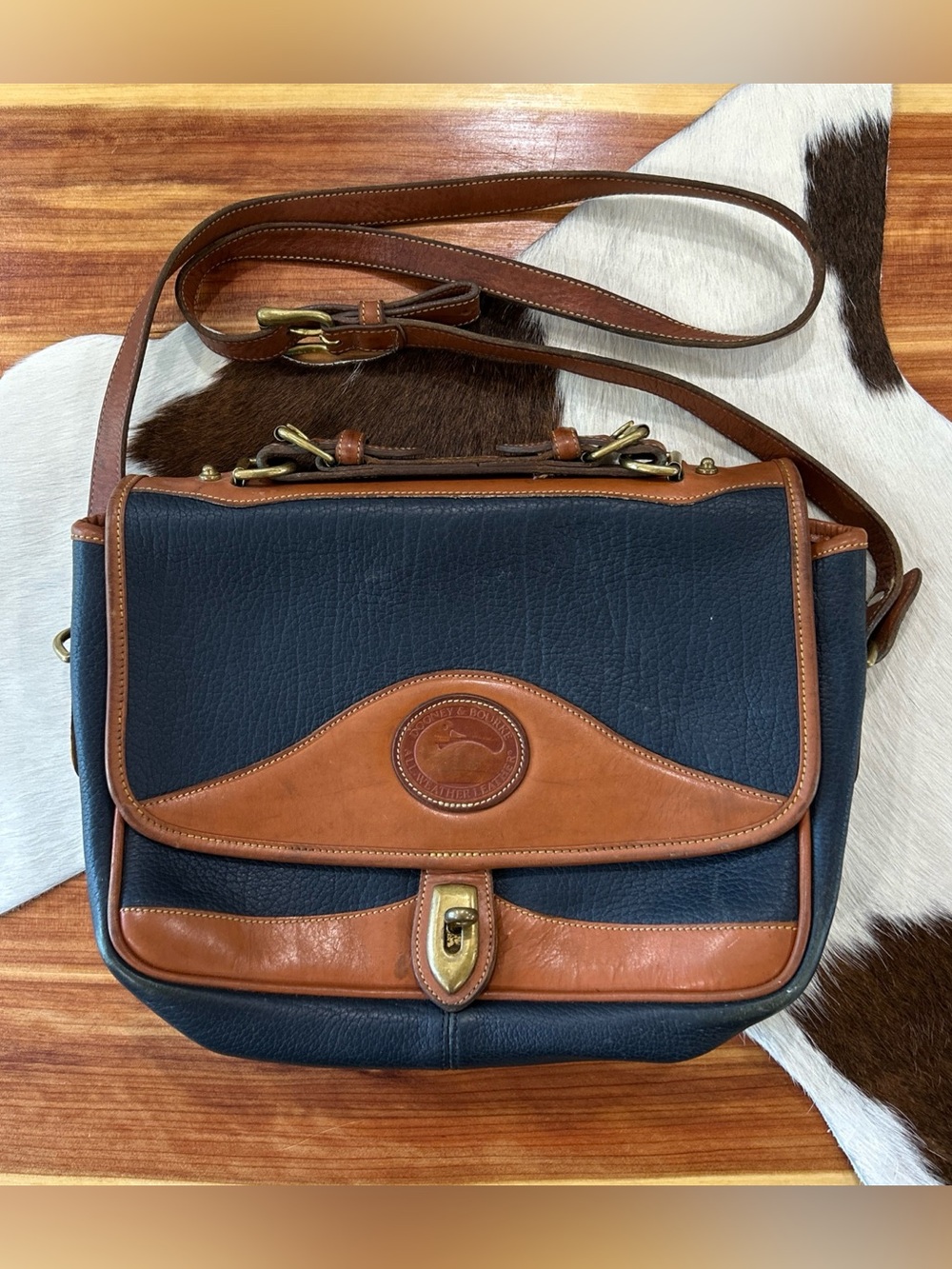 Dooney & Bourke All Weather Crossbody Bag Vintage Leather Navy Blue Tan